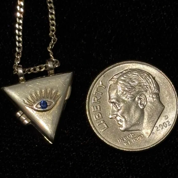Unique Vintage silver 925 Gold Triangle Devil Eye locket pendant Necklace - Picture 7 of 8